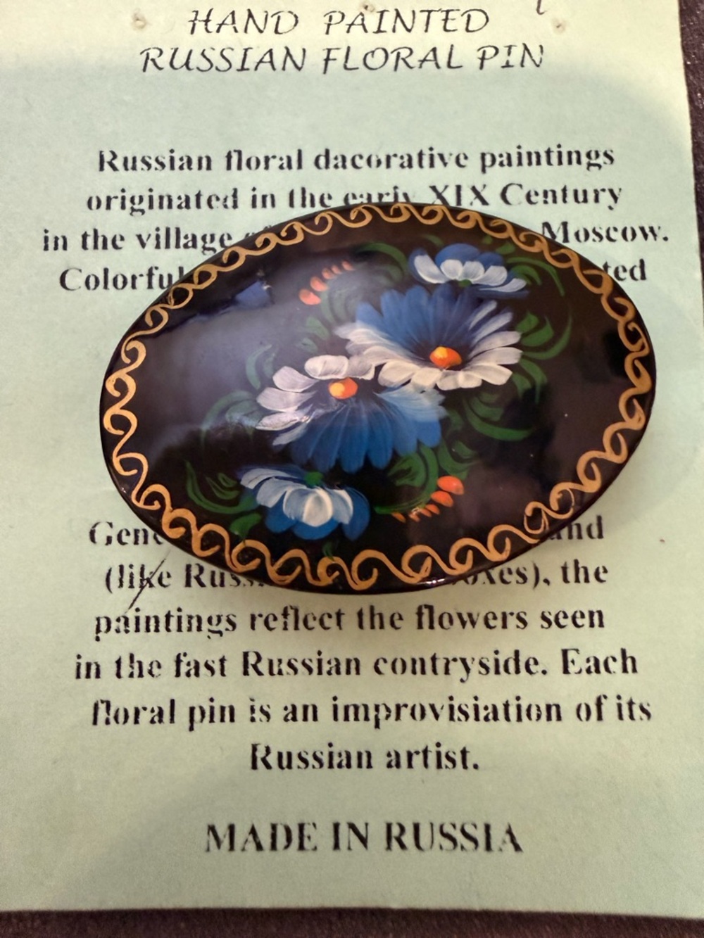 VTG Russian Lacquer Brooch Hand Painted Black Floral Flower Gold Edge New Signed